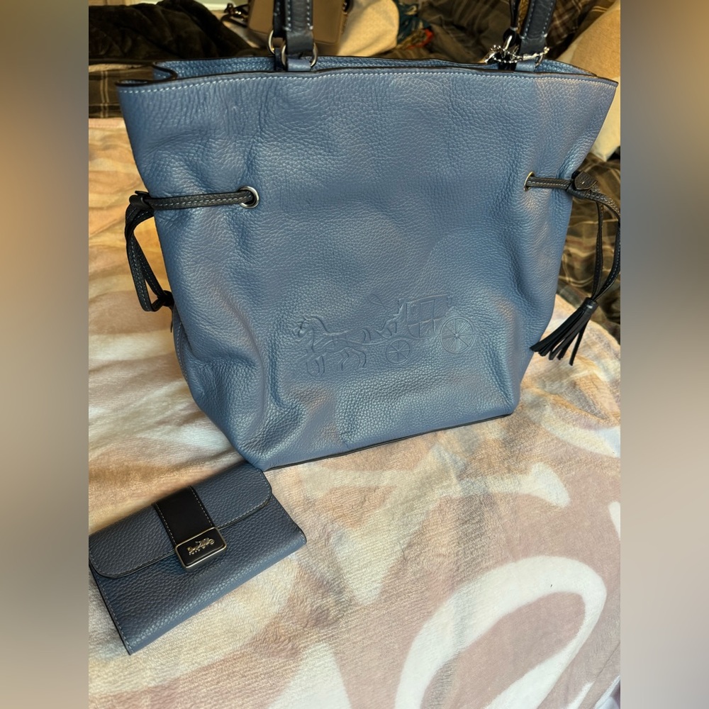 Coach cobalt blue and navy leather bucket tote and wallet